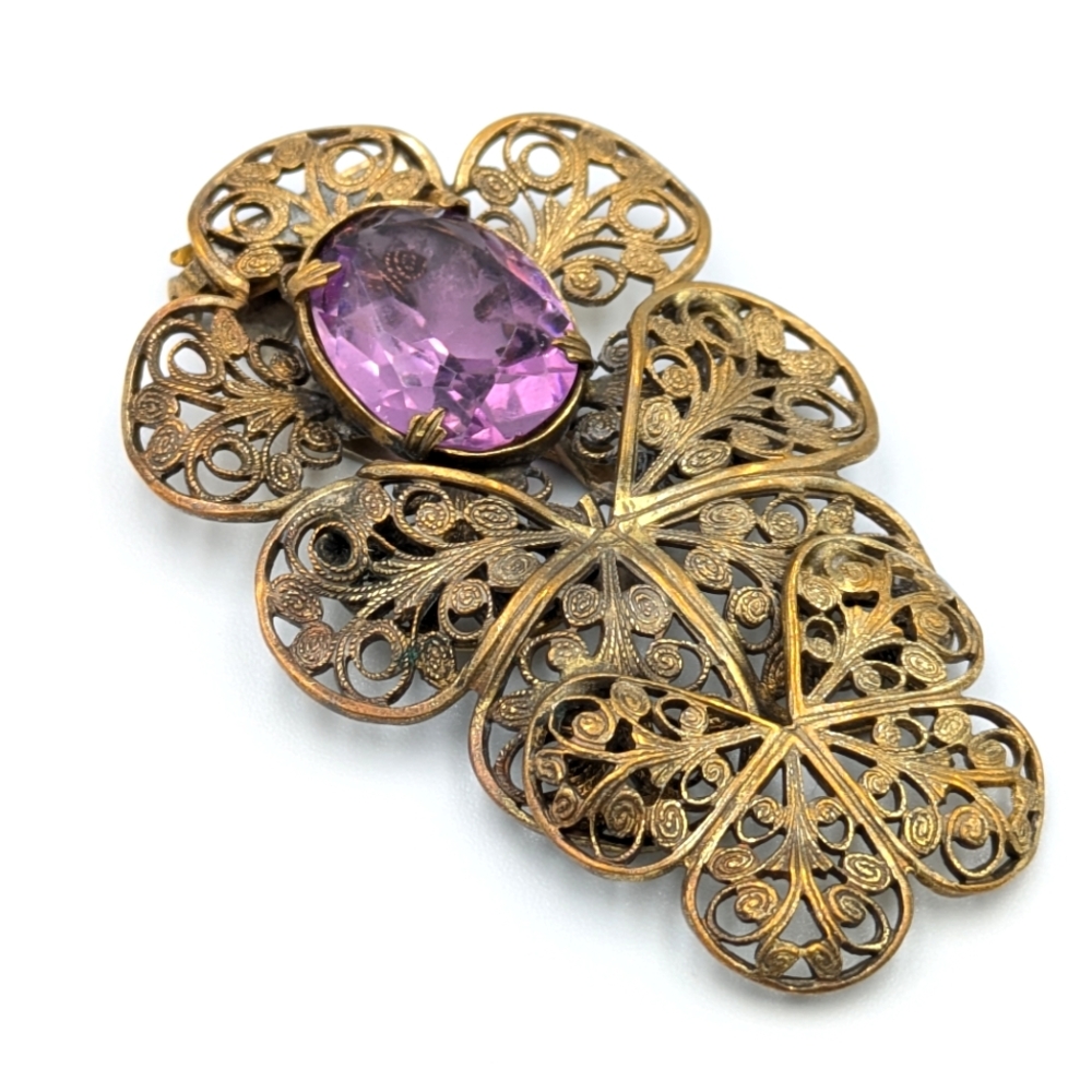 Antique dramatic purple glass butterfly open metalwork large dress clip